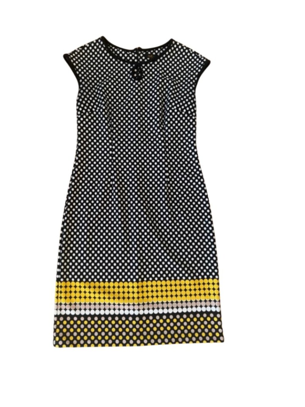 ILE New York Polka Dot Sheath Dress Size 6 Black White Yellow Sleeveless Keyhole - Picture 2 of 6